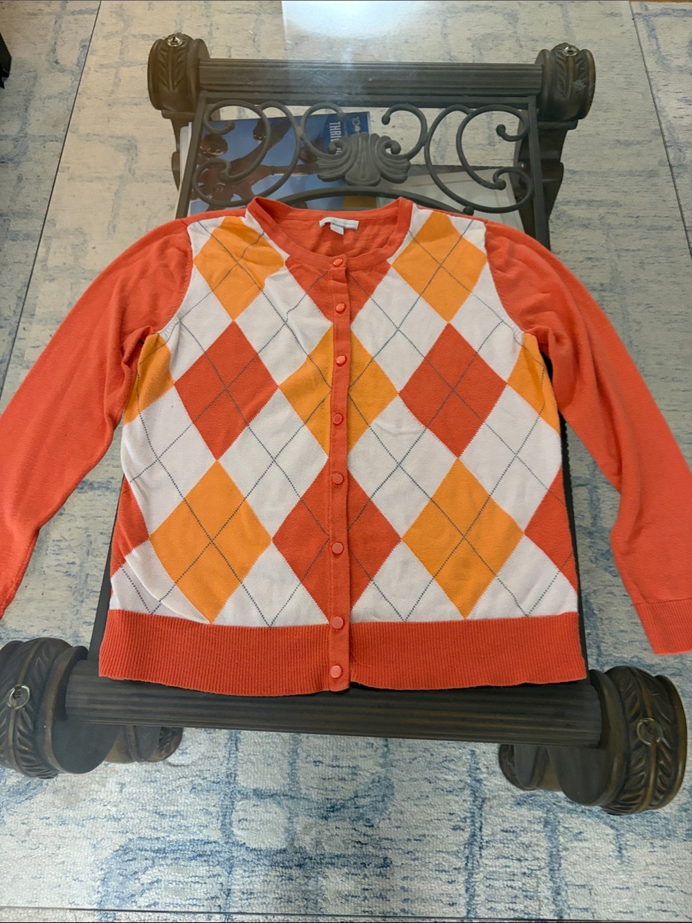 New York & Company Orange and White Argyle Button Cardigan